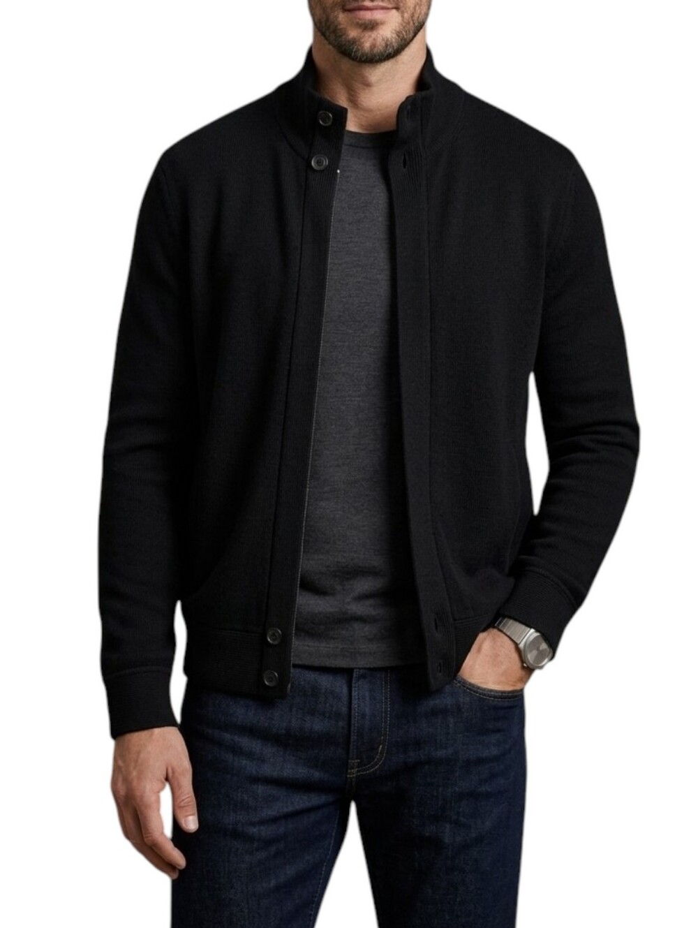 Theory "Pollard B" Cashwool Full-Zip Mock Neck Cardigan - Black - Size M